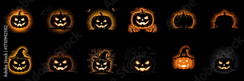 Collection of Halloween pumpkin illustrations featuring various expressions and designs, showcasing creativity and festive spirit in a vibrant and spooky atmosphere