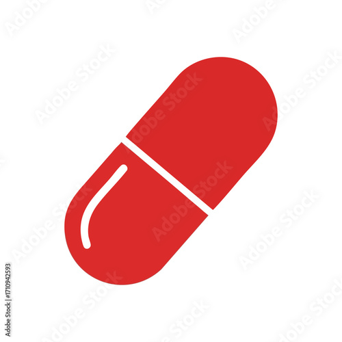 Red Medicine Capsule Icon. This vibrant pharmaceutical drug symbolizes healthcare, treatment, and vital solutions. It evokes wellness, recovery, and medical intervention.
