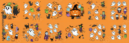 Colorful Halloween-themed flat illustration featuring playful ghosts, witches, pumpkins, and black cats, creating a festive atmosphere perfect for seasonal celebrations and decorations