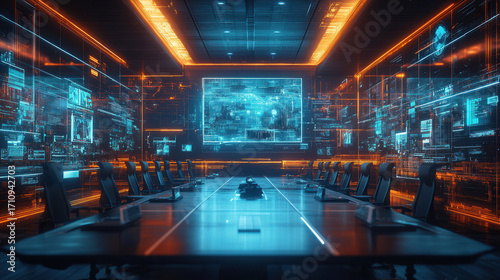 Futuristic war room with digital conference table and illuminated data walls, global cyber operations center interior, blue and orange neon technology control room

