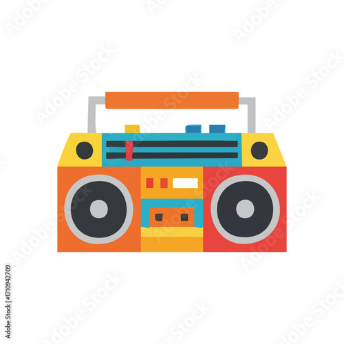Vibrant Retro Boombox Art. This cheerful graphic presents an old-school audio device. It brings back memories of classic tunes, symbolizing music, freedom, and an iconic past era.