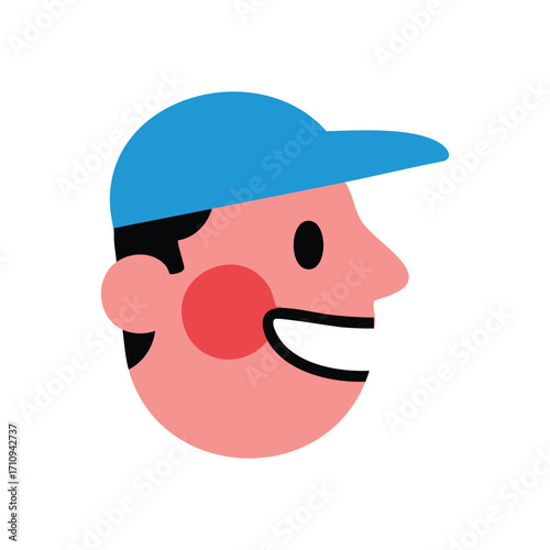 Joyful Character Wearing Blue Cap. This vibrant flat graphic portrays a happy individual with a wide grin, donning a bright baseball hat. It symbolizes optimism and friendly assistance.