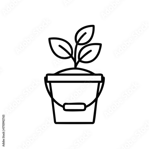 New Growth in Garden Pail. A minimalist outline vector showcasing a young seedling emerging from soil inside a rustic container. Represents fresh starts, hope, and environmental stewardship.