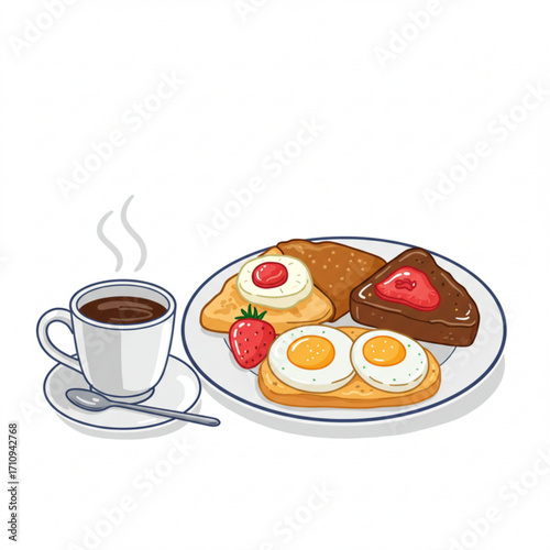 Room service breakfast with coffee, eggs, toast, and strawberries  