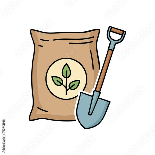 Gardening Bag and Shovel Icon. An illustration featuring a brown sack of plant nourishment and a sturdy digging spade. Symbolizes growth, cultivation, and connecting with nature.