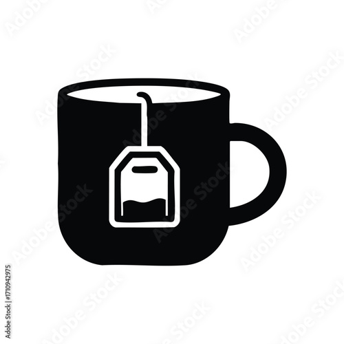 Black Tea Cup with Teabag Symbol. Elegant monochrome illustration of a warm beverage mug with a steeping infuser. Represents comfort, relaxation, and daily routines.