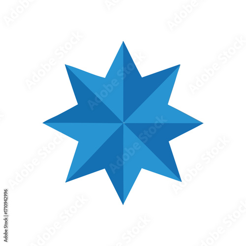 Bright Blue Eight Point Star Graphic. This vivid azure octagonal emblem, with its multiple symmetrical vertices, symbolizes guidance, distinction, and spiritual completeness. Ideal for modern visual.