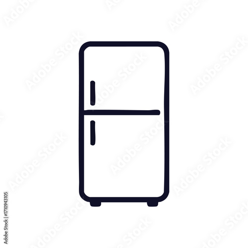 Kitchen Fridge Minimalist Icon. A simple line illustration of a domestic cooling unit. This graphic represents essential food preservation, daily sustenance, and household comfort.