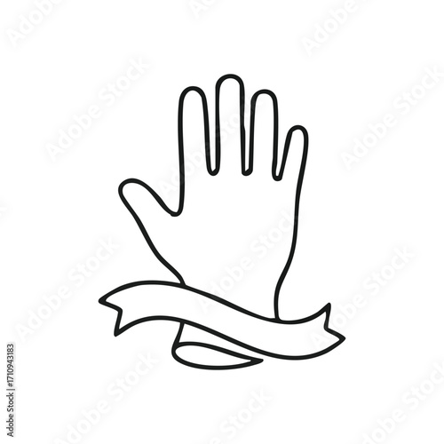 Raised Hand Outline with Blank Ribbon. A simple graphic displays a welcoming gesture or a firm stand. The empty scroll offers space for custom text, embodying freedom or awareness.