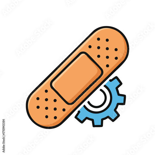 Health System Repair and Support. An illustrative graphic showing a plaster over a blue cog. This image symbolizes crucial operational maintenance, medical innovation, and overall wellbeing.