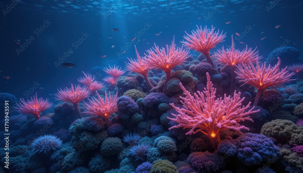 Fototapeta premium A coral reef with luminous sea anemones and fish