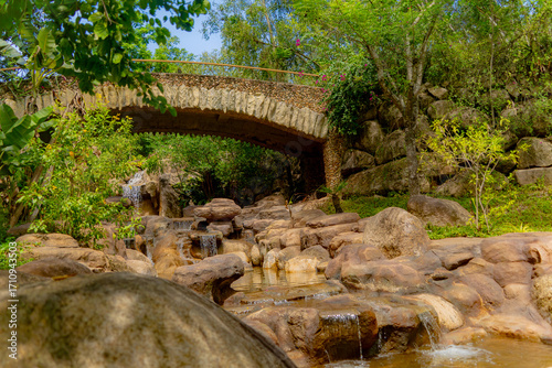 An artificial reservoir.

Decorative waterfalls and ponds in a mud clinic in Nha Trang.