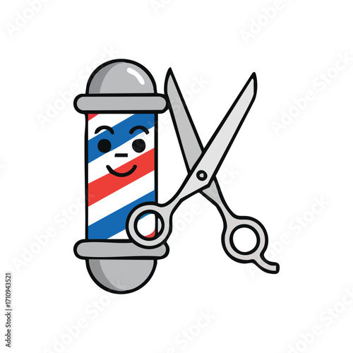 Happy Barbershop Pole and Shears. Charming illustration features a joyful salon cylinder alongside professional trimming implements. Symbolizes friendly grooming and hair care services.