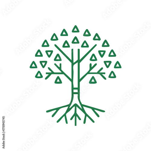 Minimalist Green Tree with Triangle Foliage. A clean emerald linear illustration of a robust arboreal form featuring distinctive triangular canopy and strong roots. Symbolizes growth, vitality,.