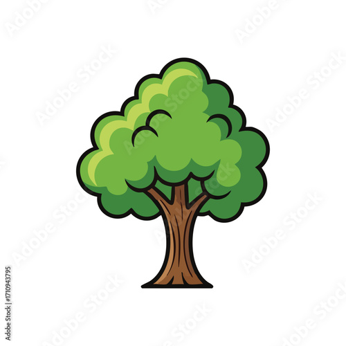 Friendly Green Tree Nature Design. This charming arboreal illustration features lush foliage and a sturdy trunk. It represents growth, vitality, and environmental harmony for various projects.
