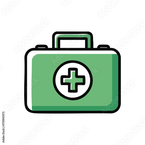 First Aid Kit for Health Emergencies. A cartoon illustration of a green medical case, signifying readiness and welfare assistance for urgent situations. Essential for personal care.