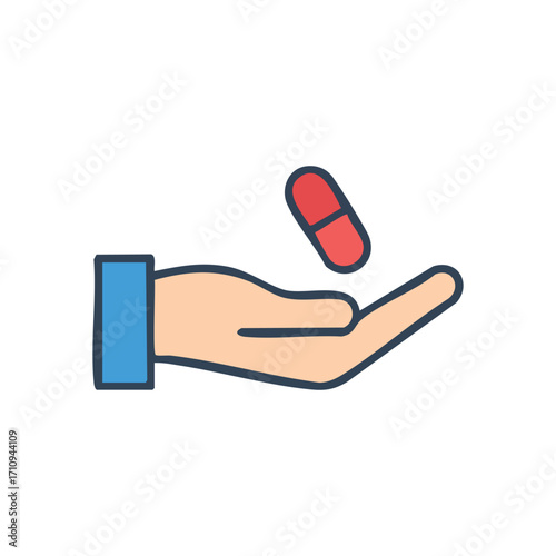 Therapeutic Capsule Landing on Palm. This graphic depicts a human hand accepting a red oval medicine, symbolizing concepts of health, healing, and pharmaceutical assistance.