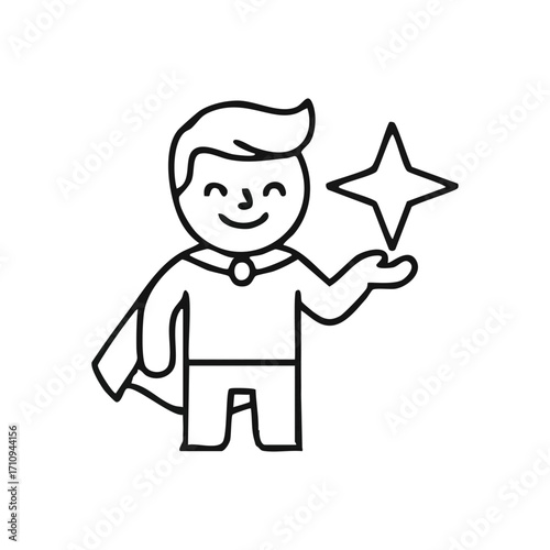 Superhero Achieving Greatness. A cheerful cartoon figure wearing a mantle presents a sparkling celestial object. Represents accomplishment, merit, top results, and stellar service.