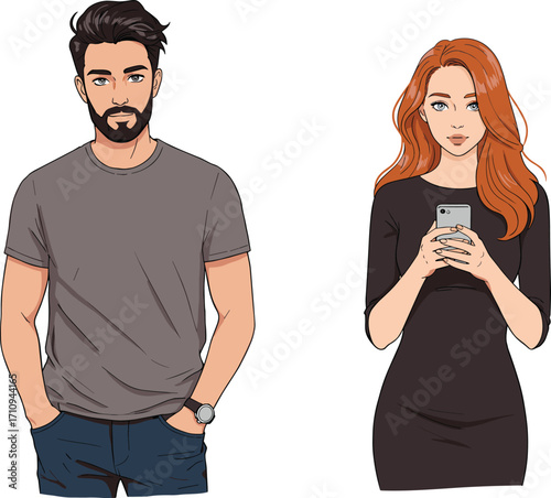 Man and woman standing, casual fashion style, modern couple, one using smartphone, flat vector illustration, CAD drawing