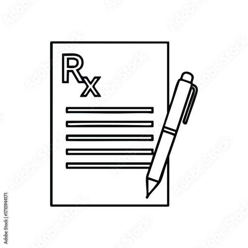Doctor Prescription Order with Pen. An outline drawing of a medical authorization form alongside a writing tool. This image signifies healthcare, treatment plans, and essential patient advice.