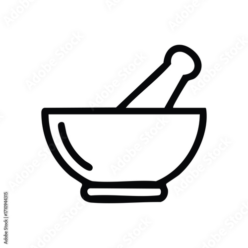 Pharmacy Grinding Bowl Pestle Icon. A simple black outline graphic depicting a classic medical tool, symbolizing healing, natural remedies, and precise formulation in various fields.