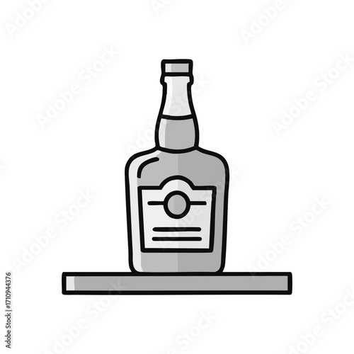 Liquor Bottle on Shelf Icon. Minimalist line art illustration of a classic alcoholic beverage container with a label, neatly placed on a display surface. Conveys choice, availability, or a.