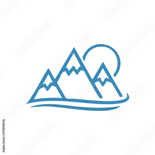 Mountainous Outdoor Adventure Icon. A minimalist emblem showcasing majestic summits, a rising orb, and tranquil waves. It symbolizes nature's grandeur, exploration, and serene escapes.