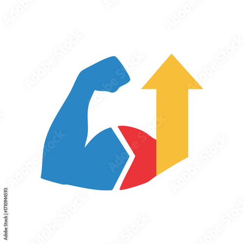 Strength Progress Growth Symbol. Conceptual illustration of physical vigor with an ascending arrow, signifying enhanced capability, achievement, and prosperity.