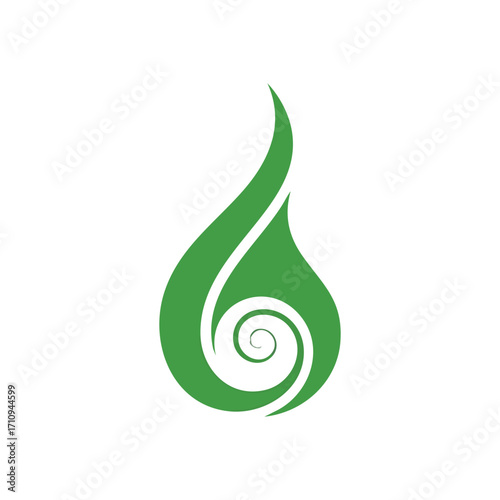 Vibrant Green Nature Spiral Drop. This verdant emblem features a fluid, organic form encompassing a continuous helix. It symbolizes vitality, ecology, renewal, and environmental balance.