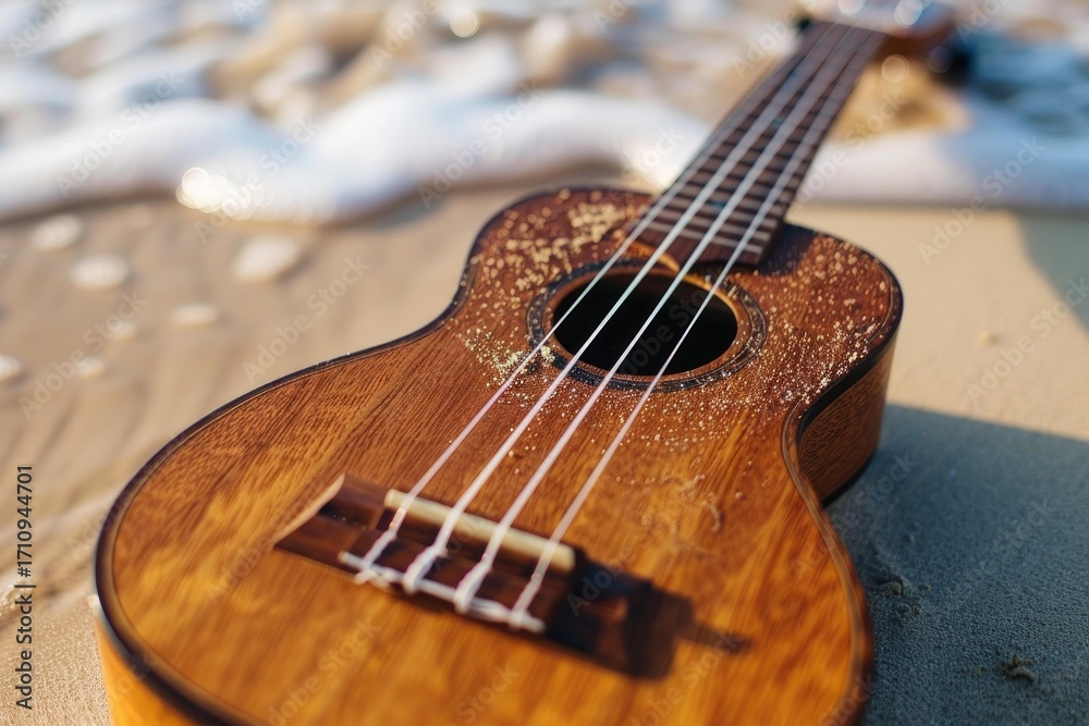 Obraz premium Brown wooden ukulele is lying on the beach with the waves hitting it