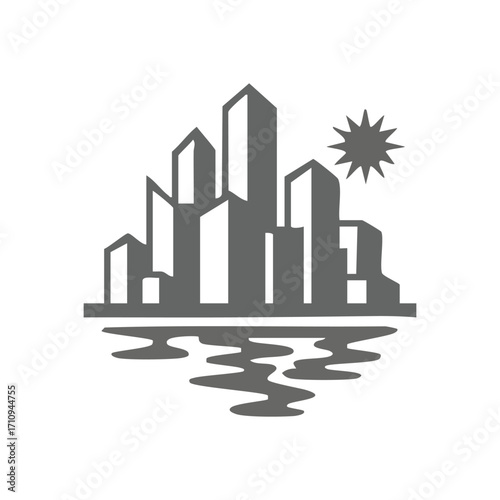 Modern Cityscape Waterfront Sun. Sleek metropolitan panorama with skyscrapers and a vibrant sun mirrored in placid waters. Symbolizes urban progress, innovation, and waterfront serenity.