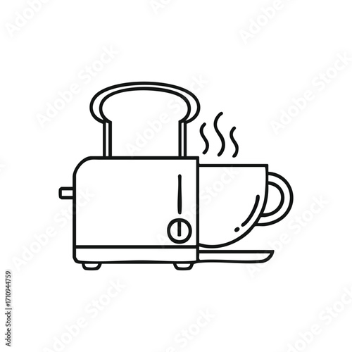 Toaster with Toast and Steaming Cup. Clean line drawing depicting a morning meal essential. This design symbolizes comfort, daily routine, and the simple joys of home life.