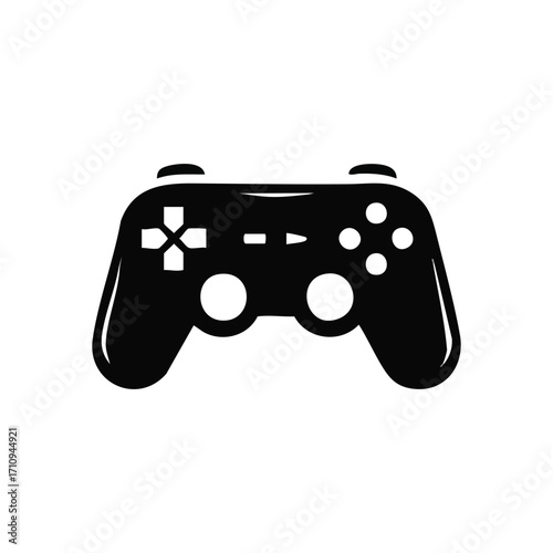 Gaming Controller Console Icon. Minimalist black silhouette of a modern gamepad on a pure white background. It represents interactive play, digital leisure, and engaging recreation.