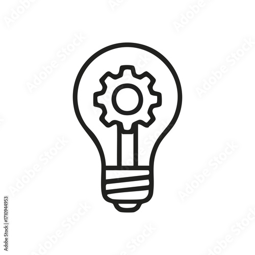 Innovation Process Concept. This outline icon visualizes the synergy between original thought and systematic execution. It symbolizes brilliant solutions or effective strategy development.