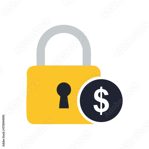 Financial Security Padlock Icon. Vibrant graphic displays a yellow safety lock with a dollar sign. It represents secure finances, protected investments, wealth preservation, and monetary privacy.