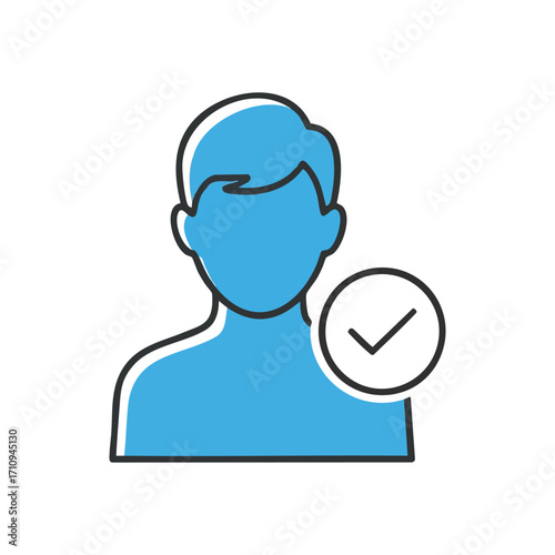 Verified User Profile Icon. Modern outline of an authenticated individual, featuring a confirmation tick. Symbolizes a validated identity, account approval, or successful status.