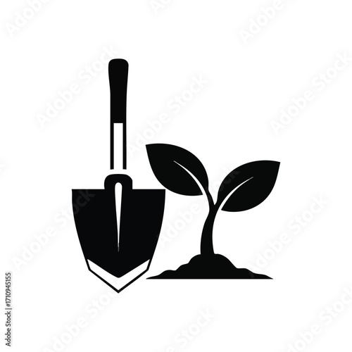 Planting Tool and Growing Sprout. This graphic features a gardening instrument next to a developing seedling, representing growth, fresh starts, and sustainable practices.