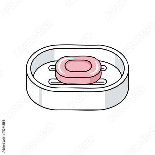 Pink Soap Bar in Holder. Illustrative artwork featuring a refreshing rose-colored cleanser resting in its basin, symbolizing everyday cleanliness and a fresh start.