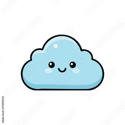 Cute Blue Cloud Smiling Illustration. This adorable fluffy sky element emanates joy. Its cheerful expression symbolizes innocence, optimism, and pleasant weather. Ideal for children's designs.