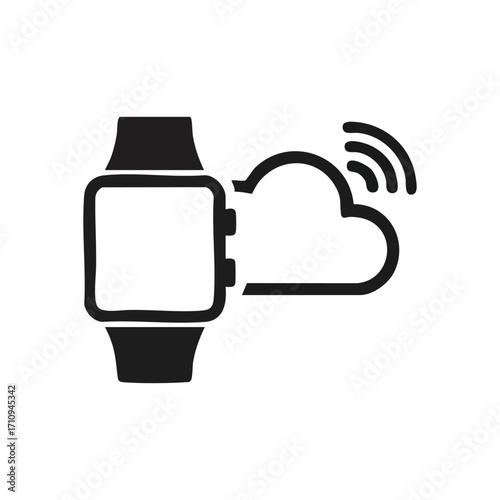 Wearable Device Cloud Sync Icon. This modern gadget wirelessly transfers data to storage. Symbolizes IoT, connected information, and digital ecosystems.