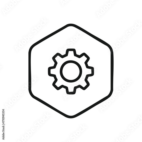 Settings Gear Hexagon Icon. Outline illustration of a cogwheel within a hexagonal frame, representing system management, control, and functional precision in digital operations.