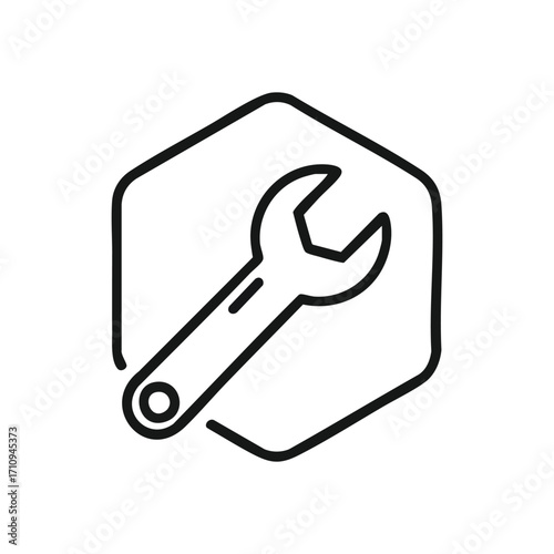 Wrench Hexagon Tool Outline. This clean emblem displays a spanner within a geometric polygon, symbolizing precise adjustment, system operation, and essential technical support.