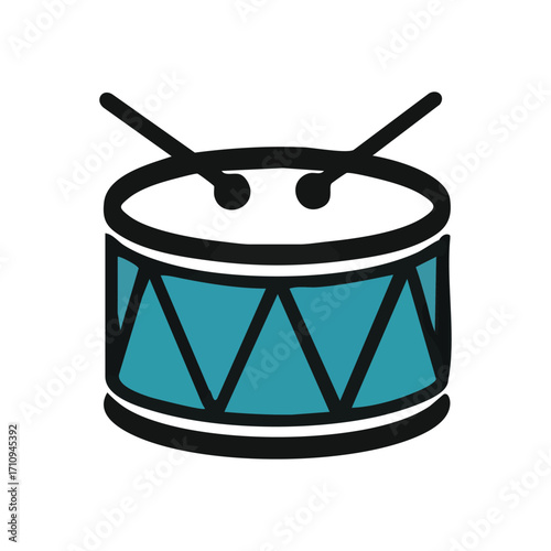 Teal Percussion Instrument Graphic. A vibrant musical drum with accompanying mallets, rendered in a playful, hand-drawn style. This simple illustration conveys rhythm, joy, and childhood wonder.