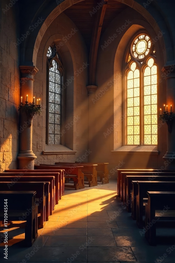 Fototapeta premium Warm candlelight illuminates a peaceful church interior, casting soft shadows on aged stone walls and stained-glass windows The scene evokes serenity and spiritual reflection , interior, solemn