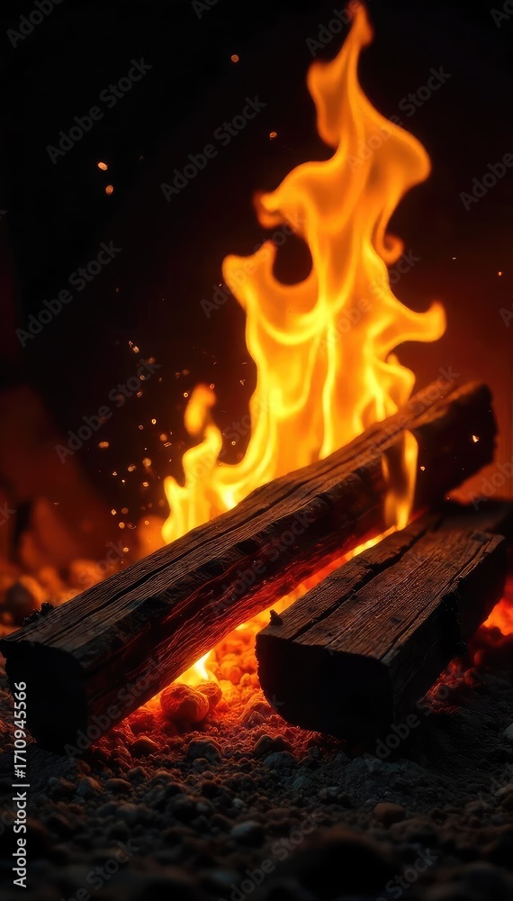 Fototapeta premium Warm, crackling flames engulf a stack of seasoned firewood, casting dancing shadows on the surrounding darkness Perfect for cozy autumn or winter themes , warmth, firepit, detail