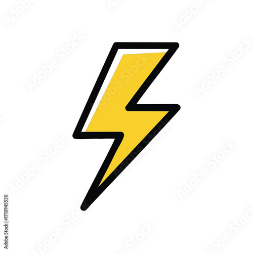 Bolt of Power Graphic Element. A vibrant yellow lightning flash symbol with a bold outline. It conveys concepts of electric energy, rapid movement, strength, and brilliant ideas.
