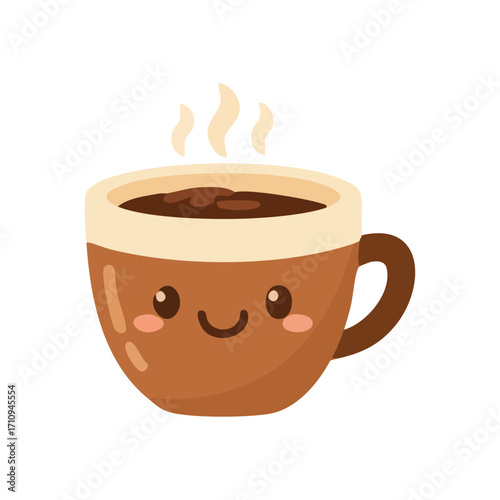Kawaii Happy Coffee Mug Illustration. Delightful digital art of a cheerful steaming brew, radiating warmth and comfort. This charming artwork symbolizes morning joy and friendly vibes.