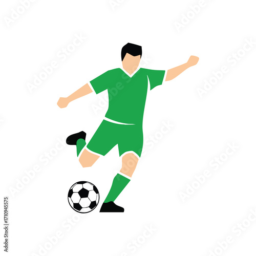 Football Player Kick Action. This vibrant illustration captures a male athlete's powerful leg movement during a competitive match. It embodies energy, competition, and sportsmanship.