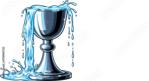 A silver chalice overflowing with water, creating splashes and droplets, against a white background view