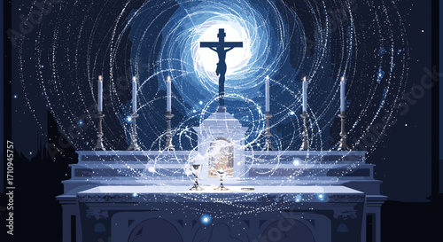 A church altar with a crucifix candles chalices and an ethereal swirling light effect in the background